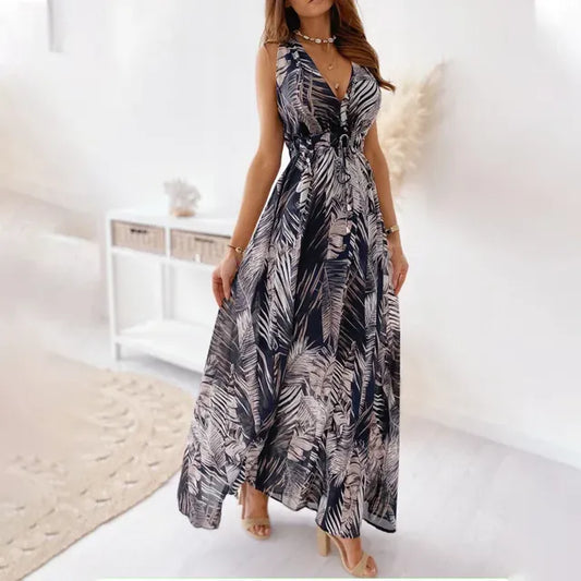 Tropical print maxi dress in black, front view
