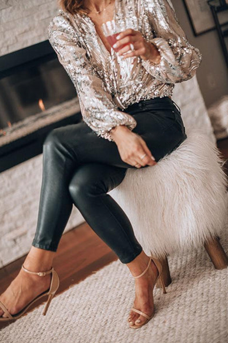 Dahlia | Sequin V-Neck Long Sleeve Party Blouse