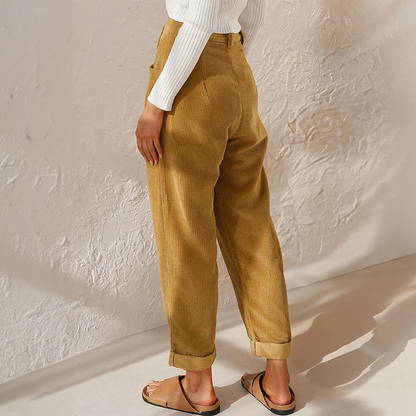 Corduroy trousers showing high waist