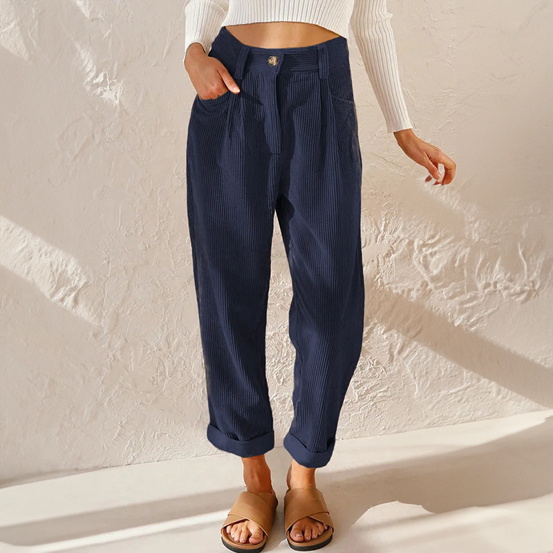 Corduroy trousers showing wide-leg cut