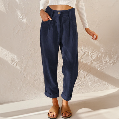 Corduroy trousers showing wide-leg cut