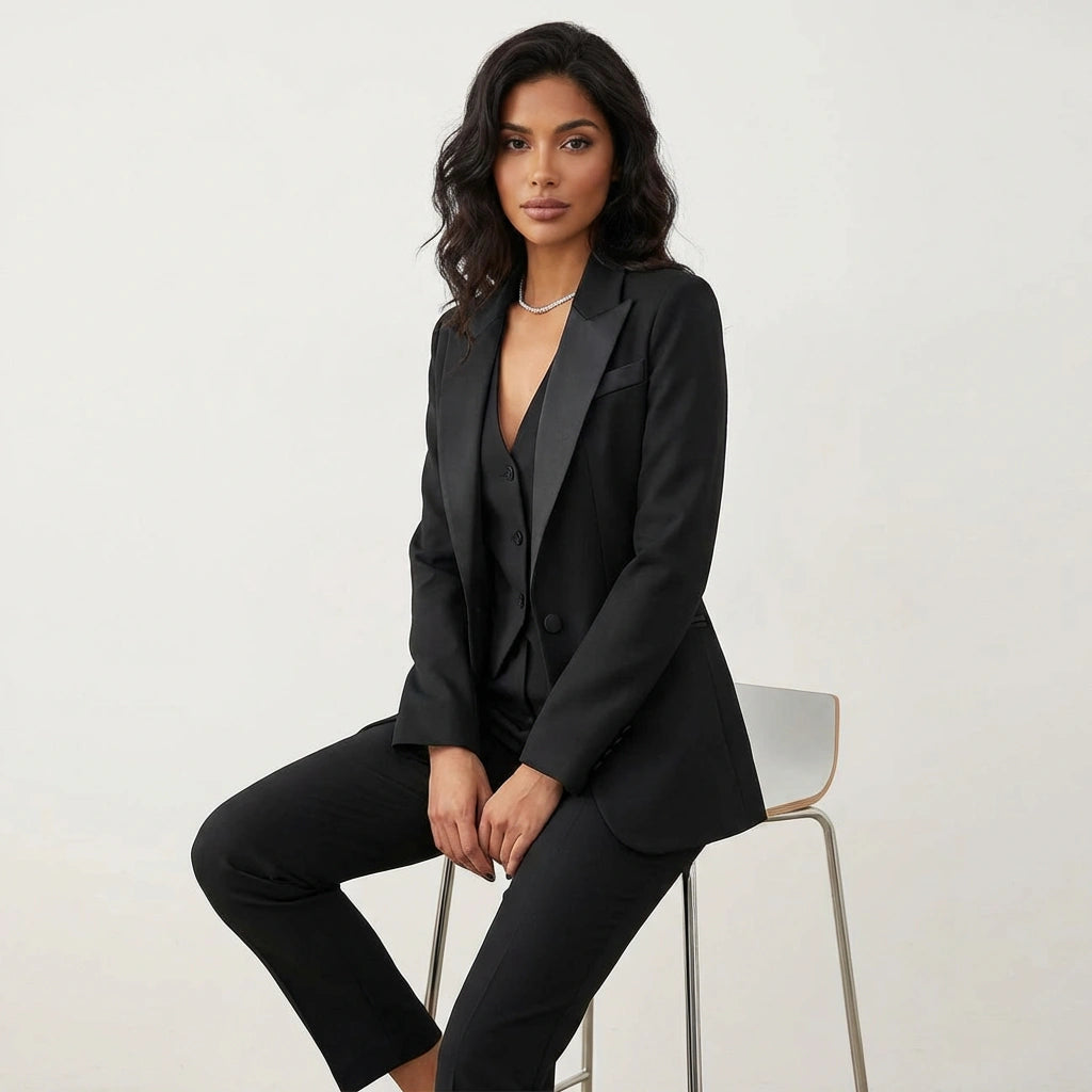 Three-piece blazer, vest and trouser suit in black, front view
