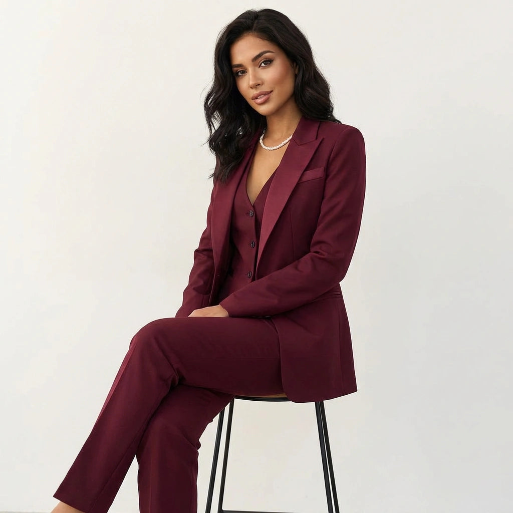 Lapel blazer and straight-leg trousers, side view