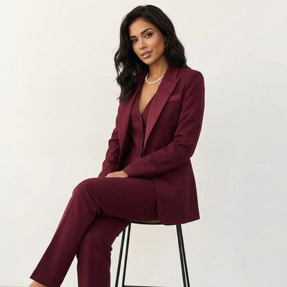 Lapel blazer and straight-leg trousers, side view