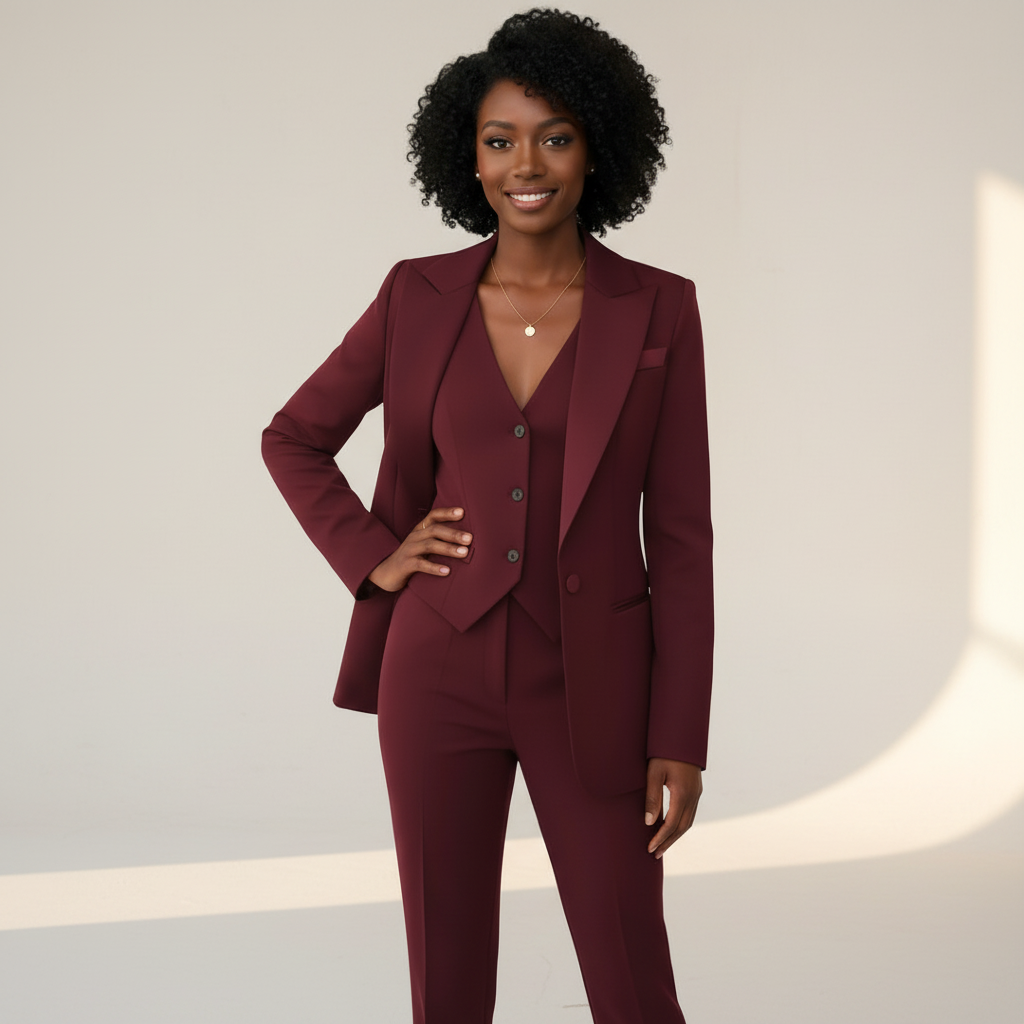 Three-piece blazer vest and trouser suit, back view