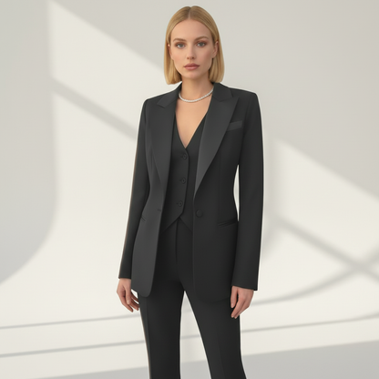 Blazer, vest and trouser suit, full-length view