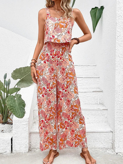Sleeveless floral wide-leg jumpsuit detail