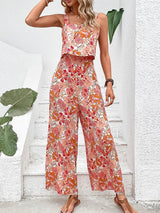 Floral wide-leg jumpsuit in apricot, front view