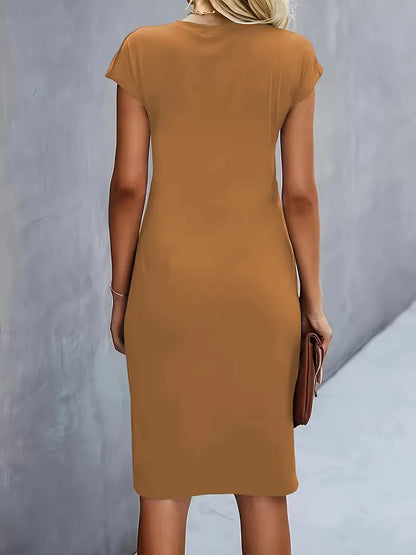 Maelle | Ruched Short Sleeve Bodycon Work Midi Dress
