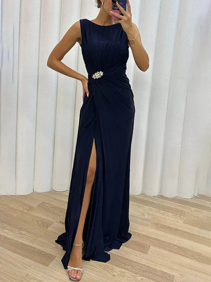 Yellow pleated maxi dress showing skirt movement