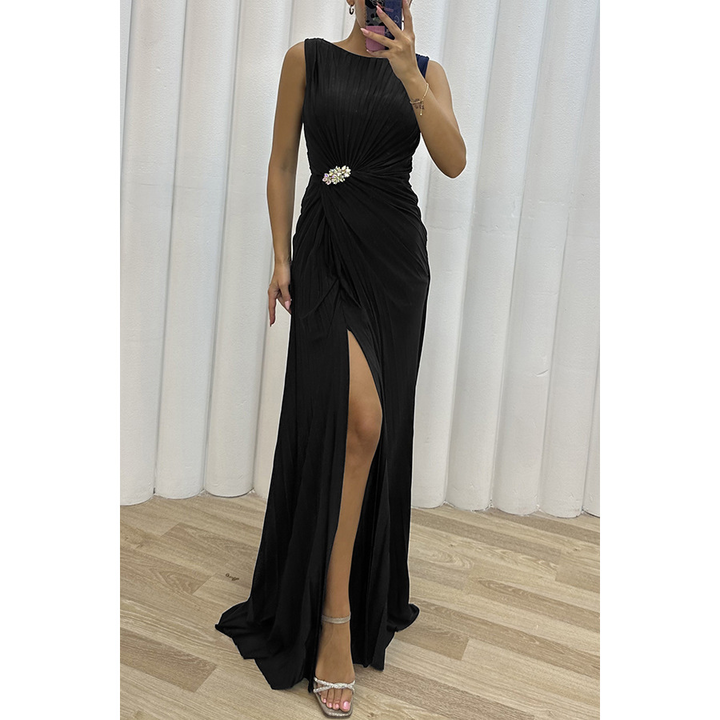 Pleated maxi dress in navy blue colourway