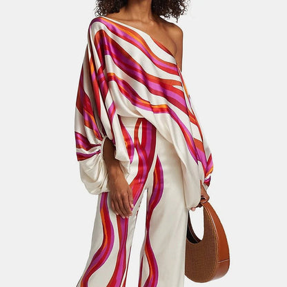 Soraya | One Shoulder Satin Top & Wide Leg Pants Set