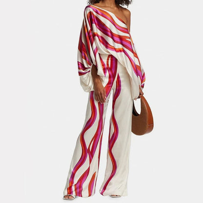 Soraya | One Shoulder Satin Top & Wide Leg Pants Set