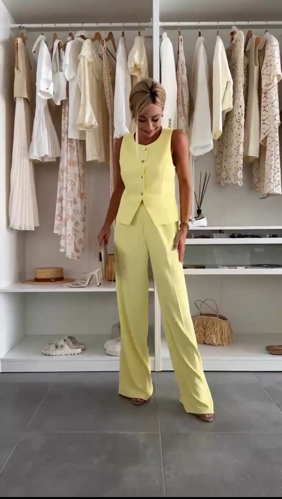 Button-up top and matching trouser co-ord set, front view