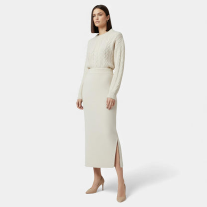 High-waist wool midi skirt showing A-line shape