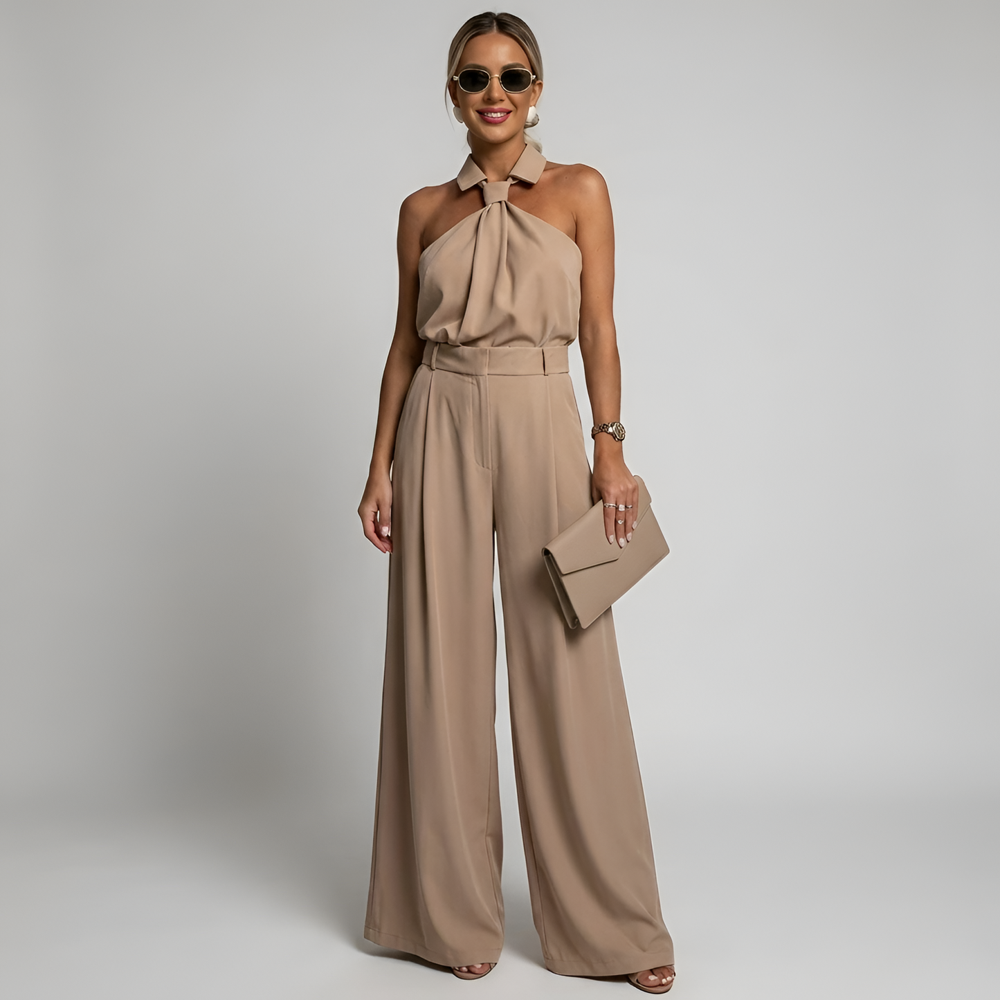 High neck wide-leg belted jumpsuit