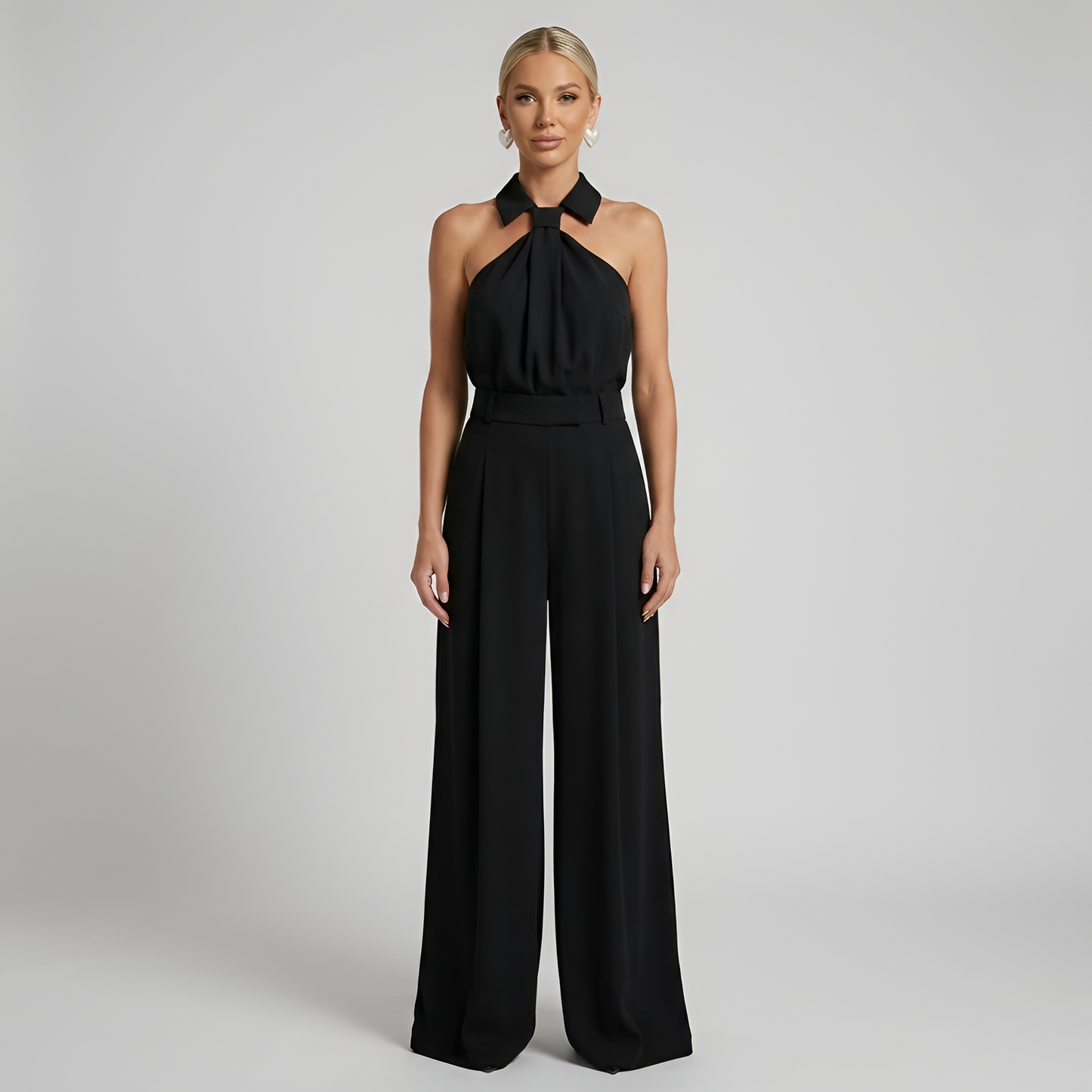 High neck jumpsuit with wide-leg trousers