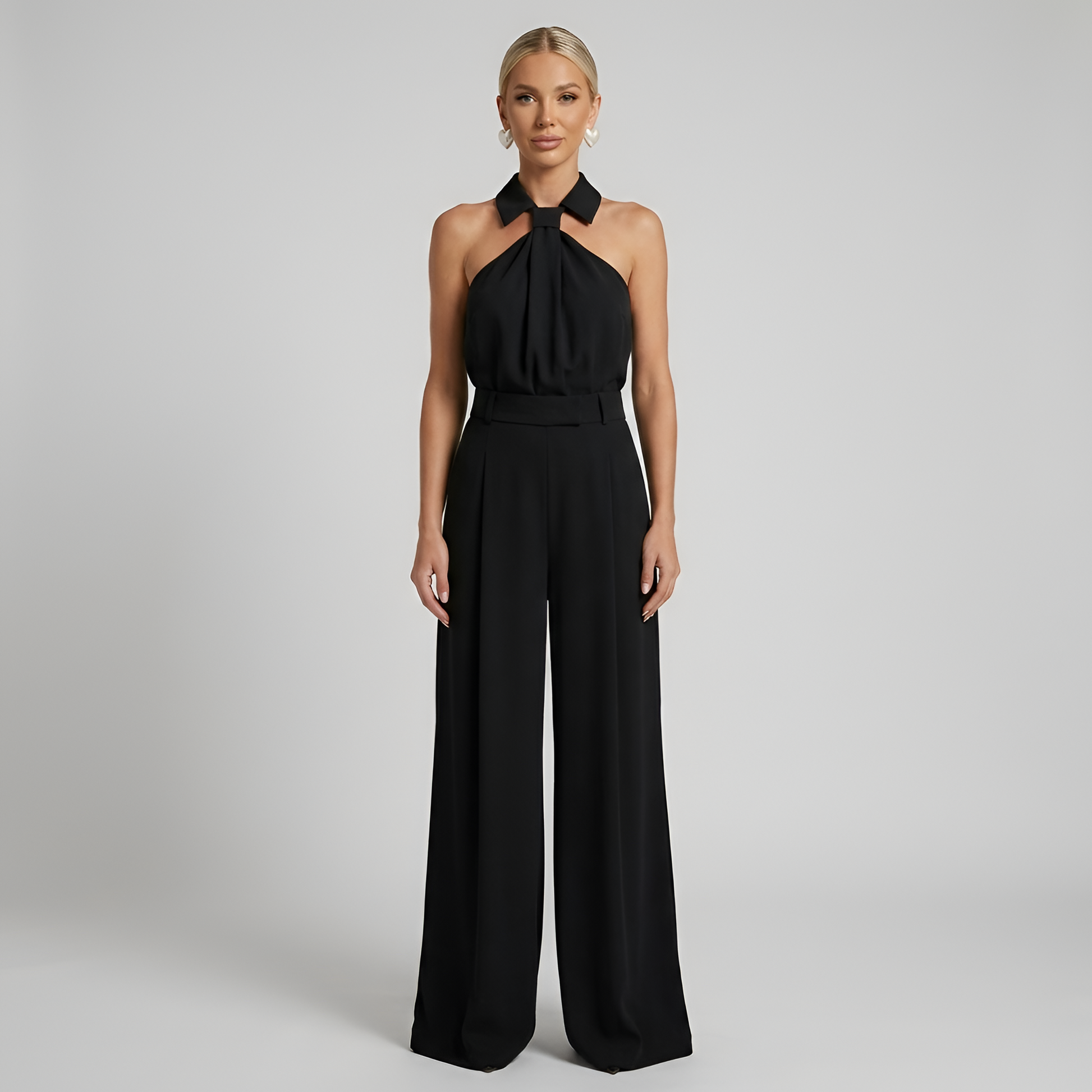 High neck jumpsuit with wide-leg trousers