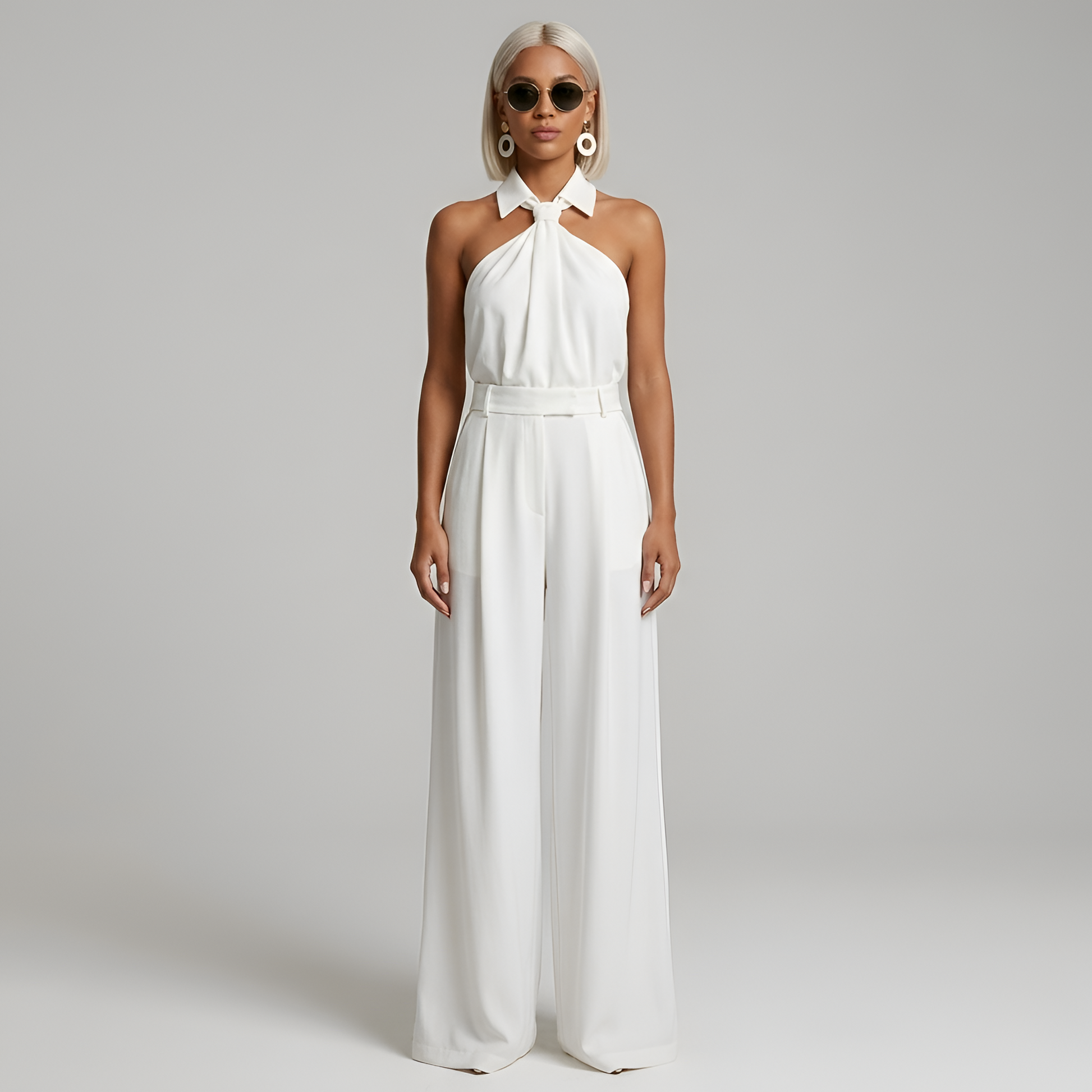 Wide-leg belted jumpsuit front view