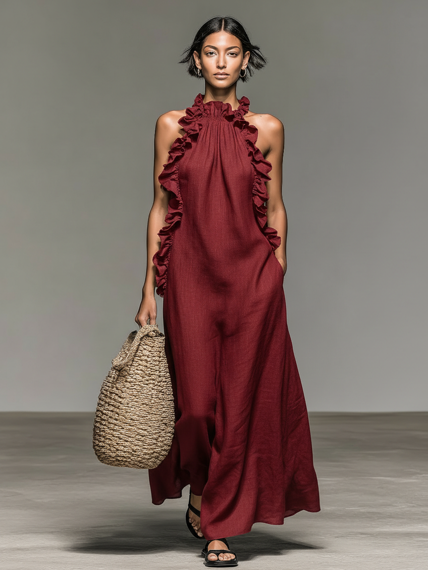 Linen ruffle maxi dress, side view