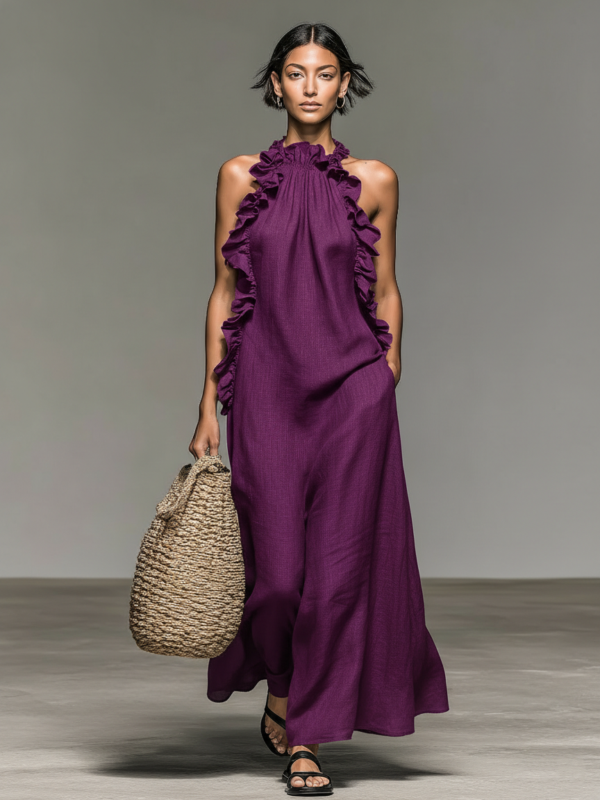 Linen ruffle maxi dress detail