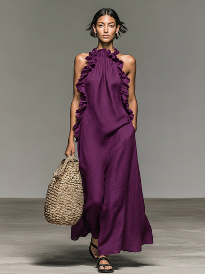 Linen ruffle maxi dress detail