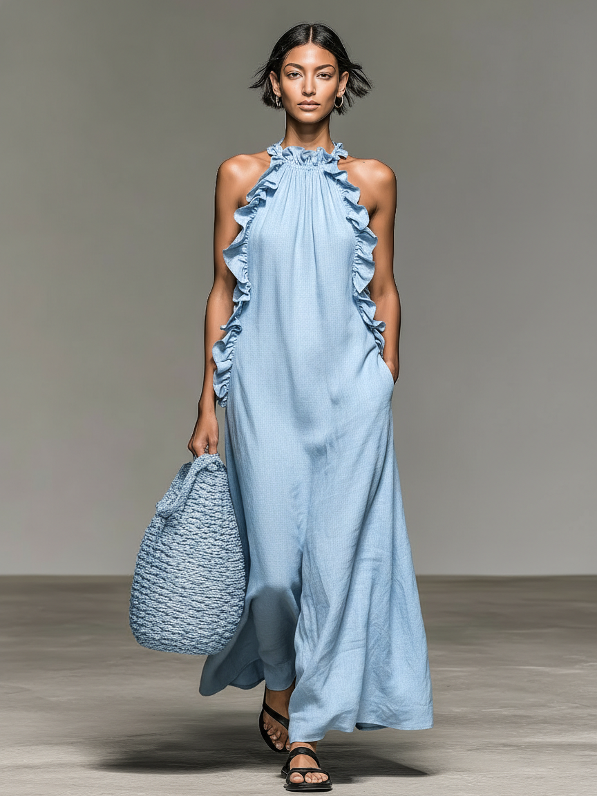 Sleeveless linen maxi dress styled