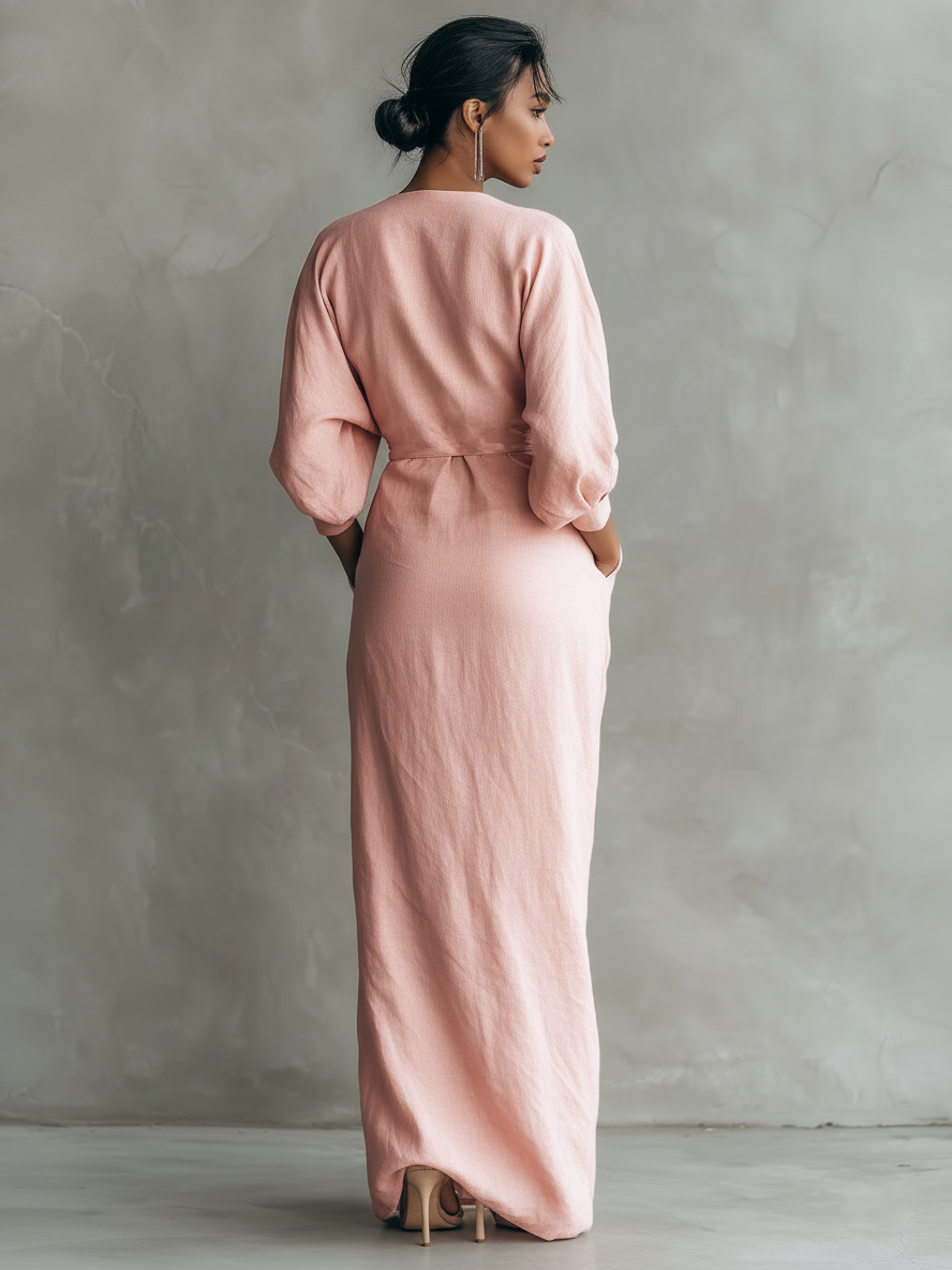 Linen maxi dress showing V-neckline