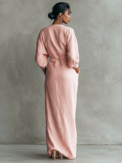 Linen maxi dress showing V-neckline