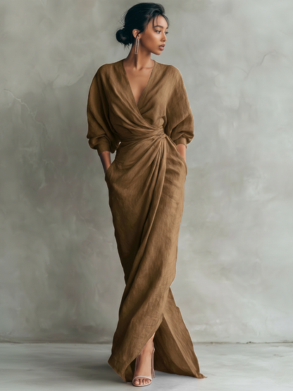 Linen V-neck maxi dress, side view