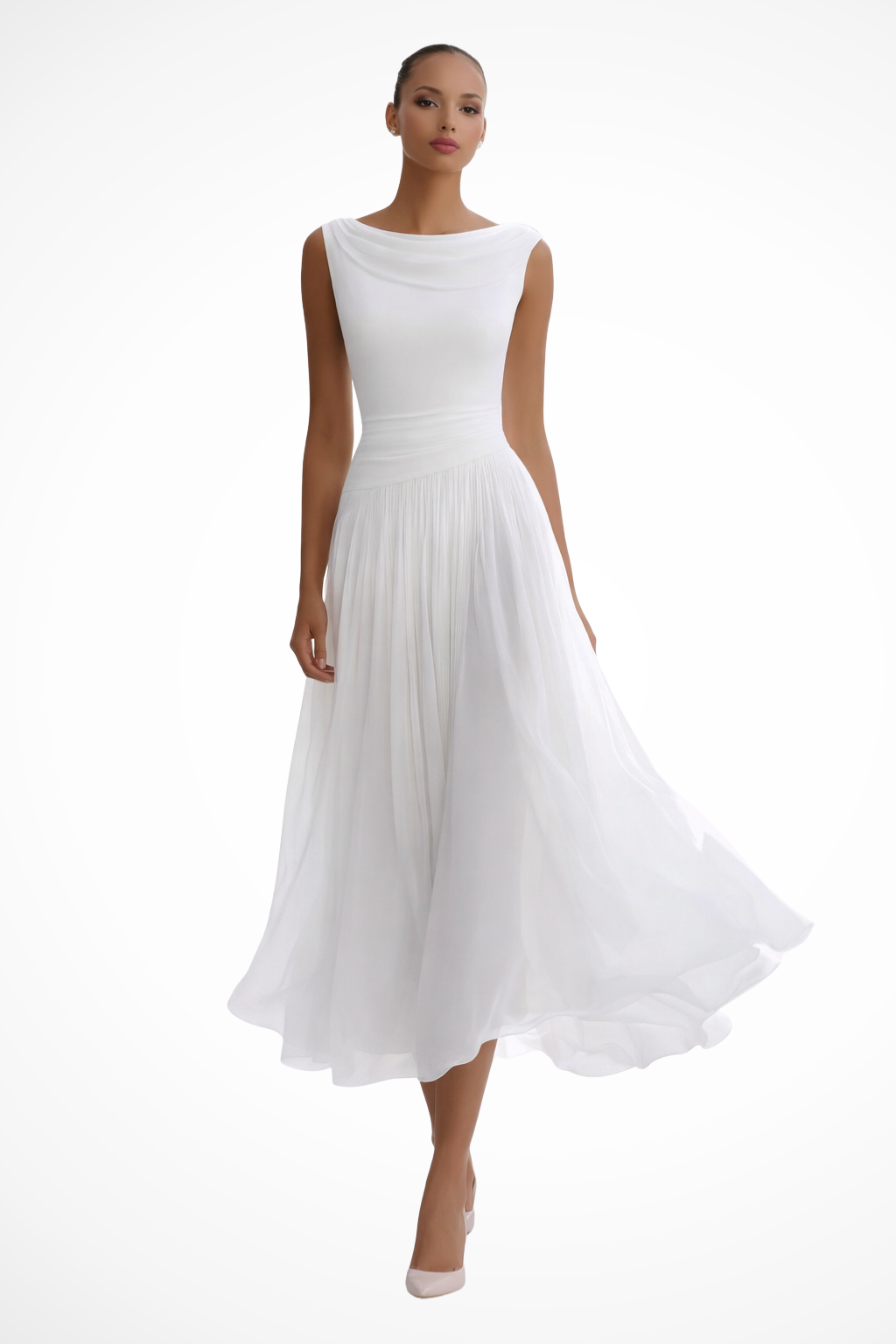 Vivielle | Draped Pleated Midi Wedding Guest Dress