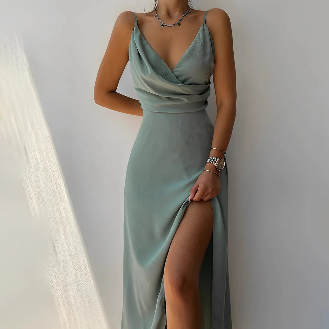 Strappy flared maxi dress in green, front view