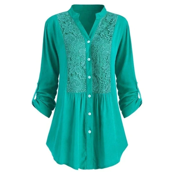 Lace-front blouse, side view