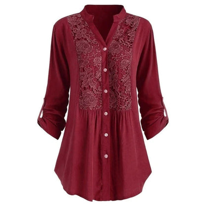 Verowen | Lace-Front Gathered-Waist Blouse