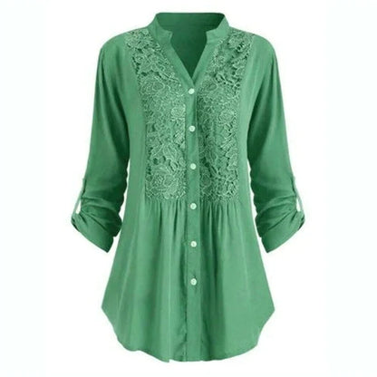 Lace-front gathered-waist blouse, back view