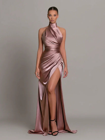 Halter bodycon maxi dress in pink, front view
