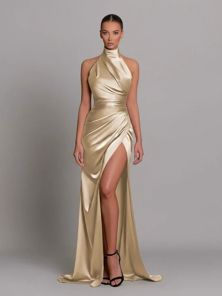 Halter bodycon maxi dress in gold