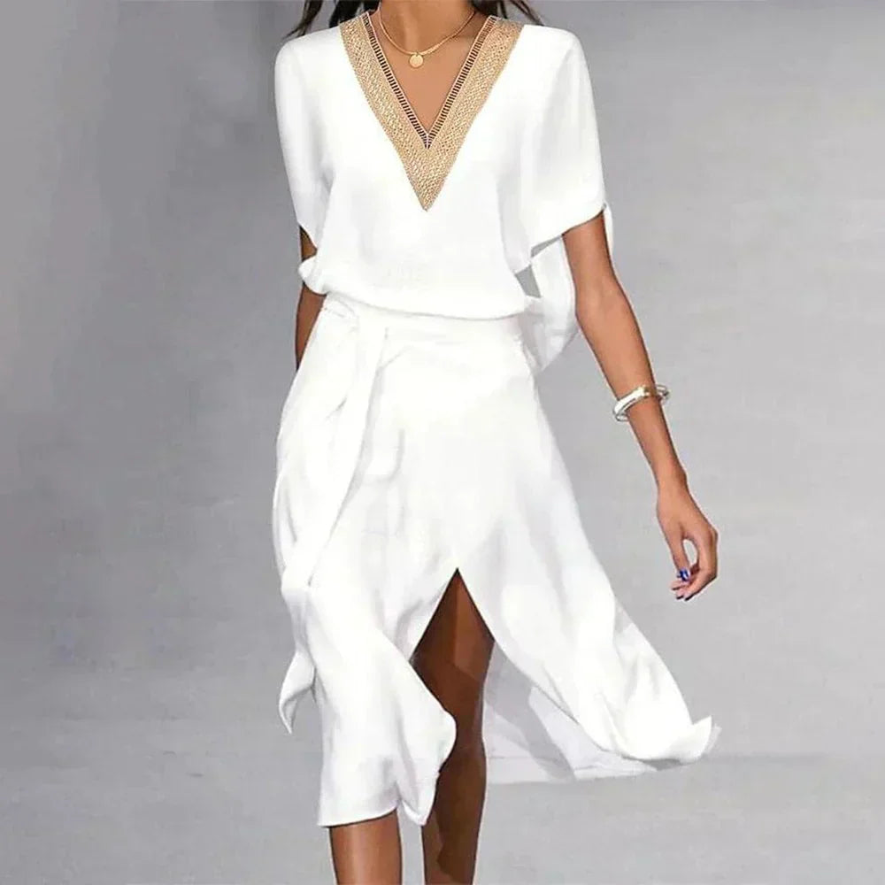 Wrap V-neck ruffle hem midi dress in white, front view