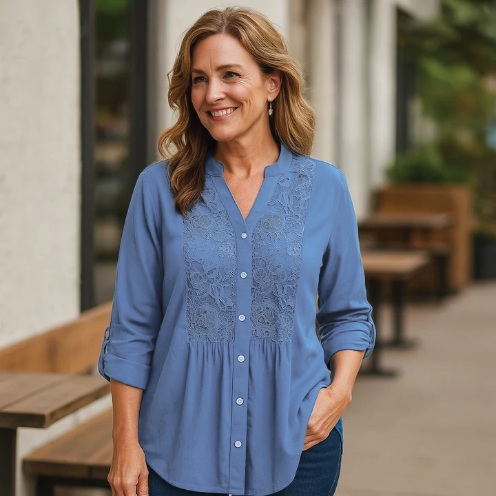 Lace-front blouse with mandarin neckline