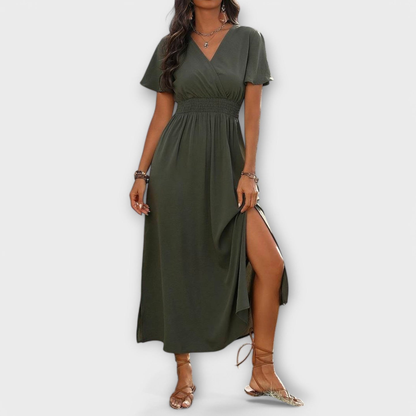 Dark green long-sleeve midi dress detail view