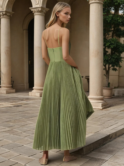 Pleated maxi dress showing fluid A-line skirt