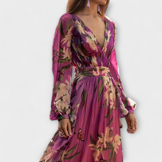 V-neck long-sleeve maxi dress in purple, front view