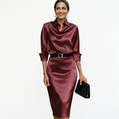 Navy satin wedding guest midi dress