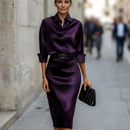 Augustina | Navy Satin Wedding Guest Midi Dress