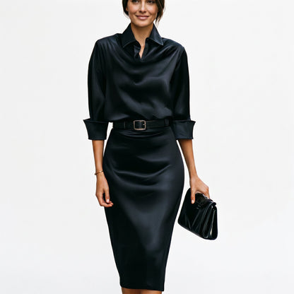 Navy satin midi dress front view