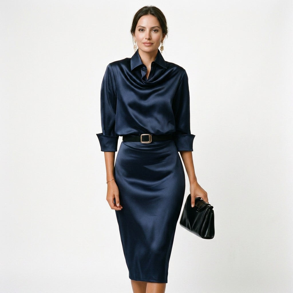 Augustina | Navy Satin Wedding Guest Midi Dress