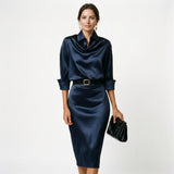 Navy satin wedding guest midi dress