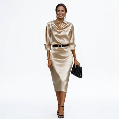 Navy satin cocktail midi dress