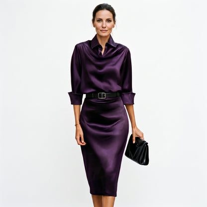 Draped collar navy midi dress