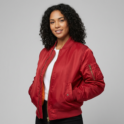 Satin utility bomber jacket, front view
